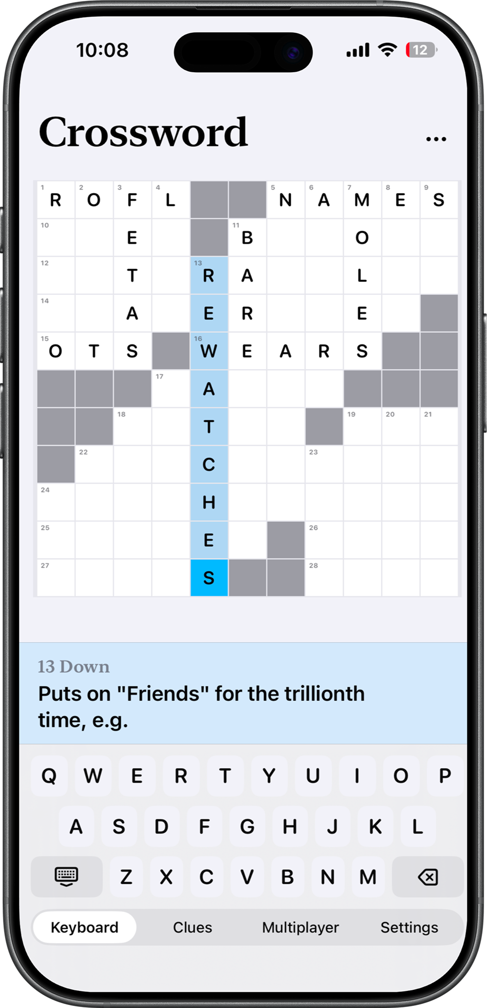 Better Crosswords app showing a crossword puzzle in progress